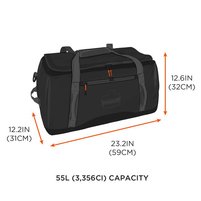 23.2in (59cm) length by 12.2in (31cm) width by 12.6in (32cm) height. 55L (3,356ci) capacity.