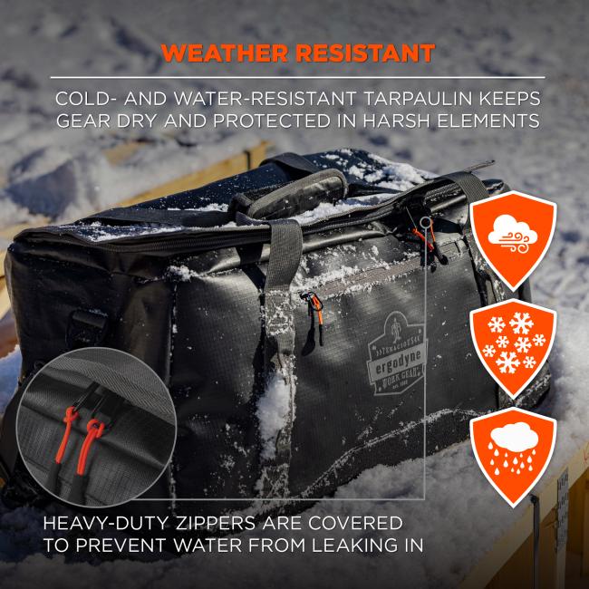 Weather resistant. Cold- and water-resistant tarpaulin keeps gear dry and protected in harsh elements. Heavy-duty zippers are covered to prevent water from leaking in. Zoomed in picture of zipper. Wind-resistant, snow-resistant, and rain-resistant badges.