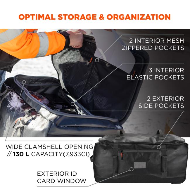 Optimal storage and organization. 2 interior mesh zippered pockets. 3 interior elastic pockets. 2 exterior side pockets. Wide clamshell opening. 130L capacity (7,933ci). Exterior ID card window.
