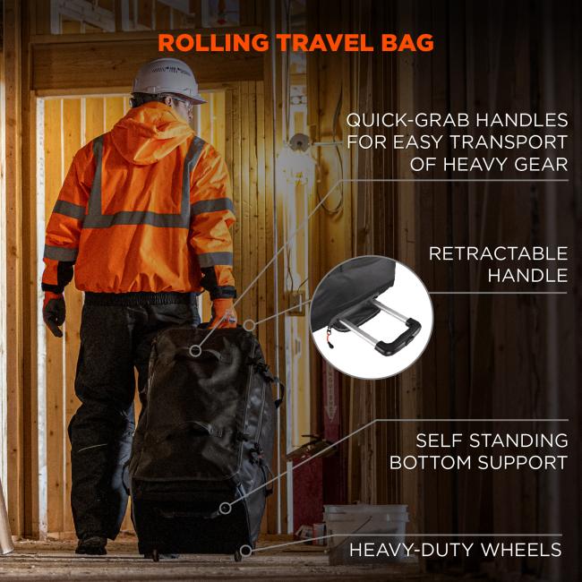 Rolling travel bag. Quick-grab handles for easy transport of heavy gear. Retractable handle. Self standing buttom support. Heavy-duty wheels.