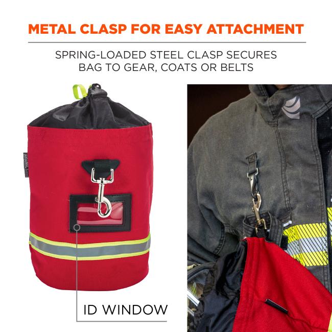 Metal clasp for easy attachment: spring-loaded steel clasp secures bag to gear, coats or belts. Includes ID window.