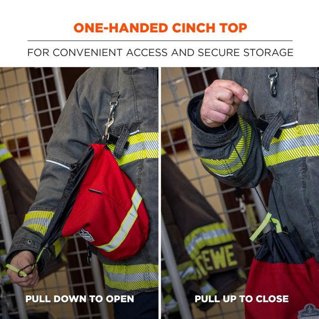 One-handed cinch top. For convenient access and secure storage. Pull down to open, pull up to close.