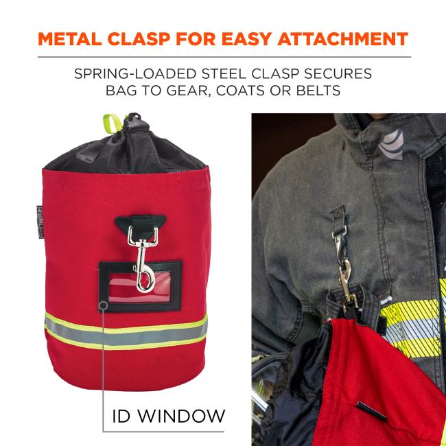 Metal clasp for easy attachment: spring-loaded steel clasp secures bag to gear, coats or belts. Includes ID window