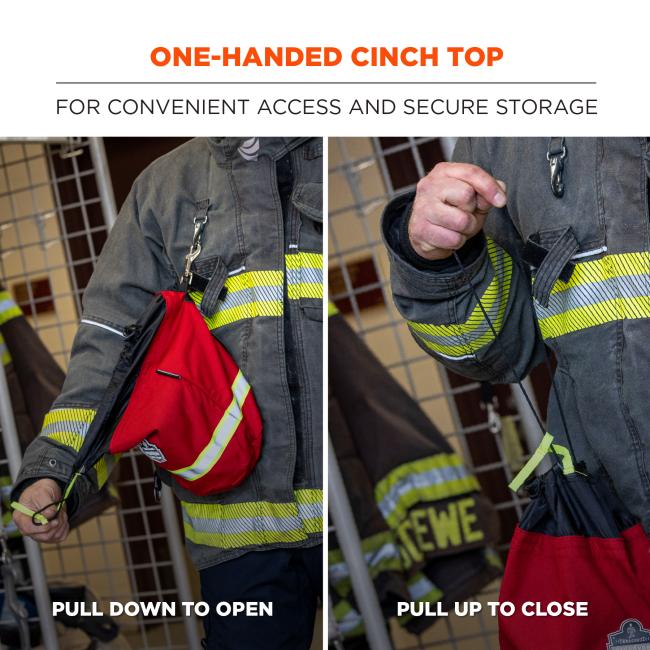 One-handed cinch top: for convenient access and secure storage. Pull down to open, pull up to close. 