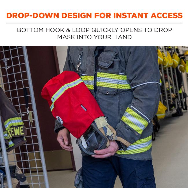 Drop-down design for instant access: bottom hook & loop quickly opens to drop mask into your hand.