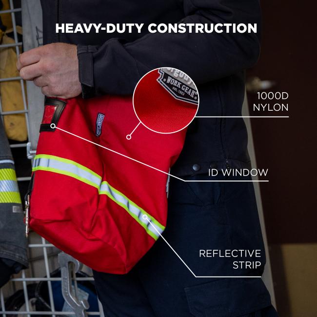 Heavy-duty construction. 1000D nylon. ID window. Reflective strip.