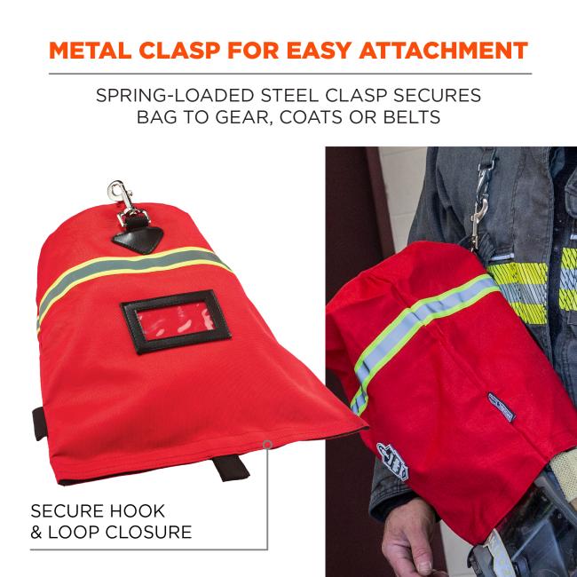 Metal clasp for easy attachment: spring-loaded steel clasp secures bag to gear, coats or belts. Secure hook & loop closure.