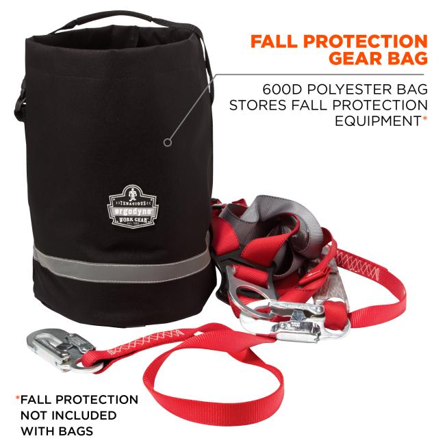 Fall protection gear bag: 600D polyester bag stores fall protection included. *Fall protection not included with bags. 
