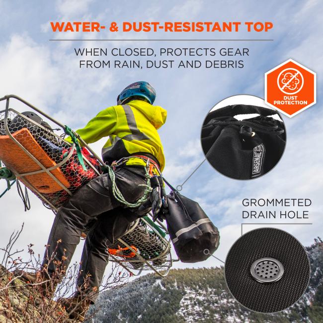 Water- & dust-resistant top. Dust protection. Grommeted drain hole.