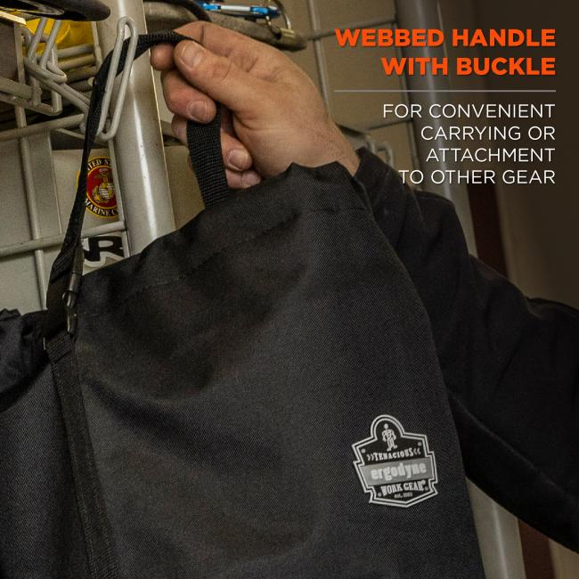 Webbed handle with buckle: for convenient carrying or attachment to other gear. 