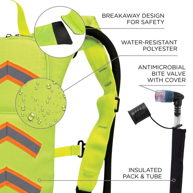 Breakaway design straps for safety. Water-resistant polyester shell. Antimicrobial bite valve with cover. Insulated pack and tube.