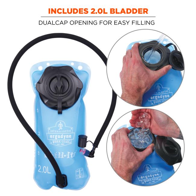 Includes 2.0L bladder. Dualcap opening for easy filling. Large opening for inserting ice. Smaller opening for inserting water.