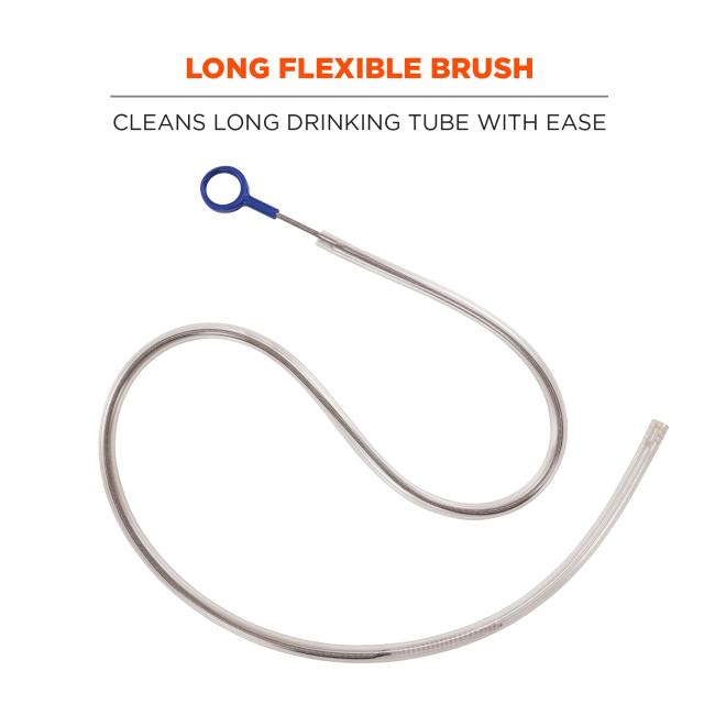 Long flexible brush cleans long drinking tube with ease.