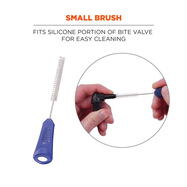 Small brush fits silicone portion of bite valve for easy cleaning.