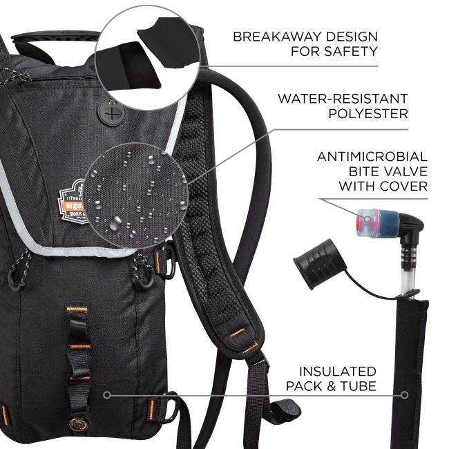 Breakaway design straps for safety. Water-resistant polyester shell. Antimicrobial bite valve with cover. Insulated pack and tube.