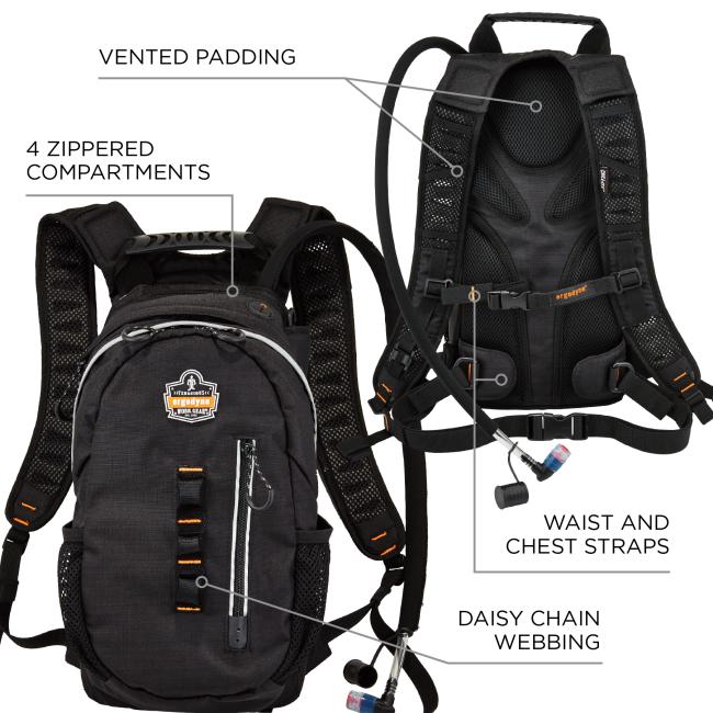 Vented padding on back. 4 zippered compartments. Waist and chest straps. Daisy chain webbing on front.