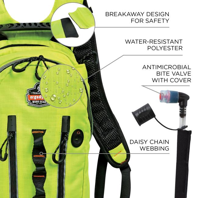 Breakaway design straps for safety. Water-resistant polyester shell. Antimicrobial bite valve cover. 