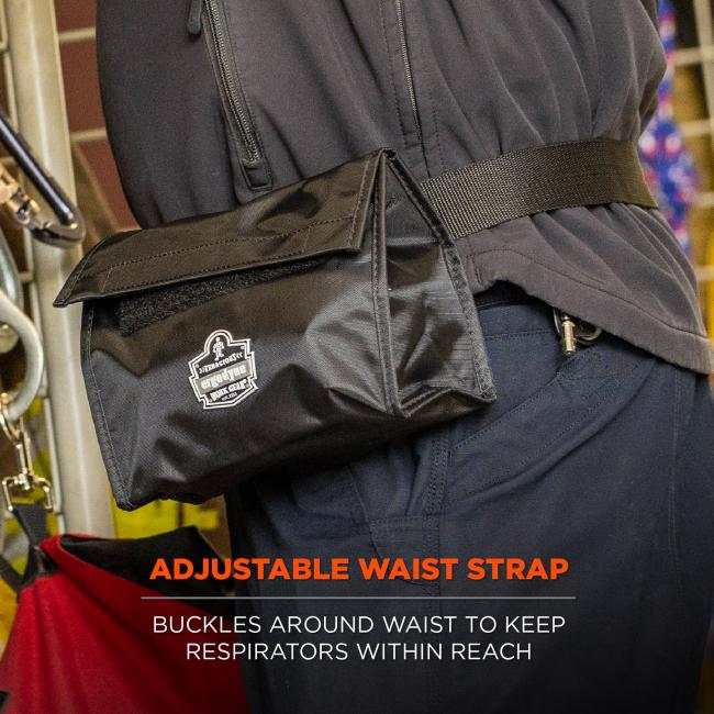 Adjustable waist strap: buckles around waist to keep respirators within reach.