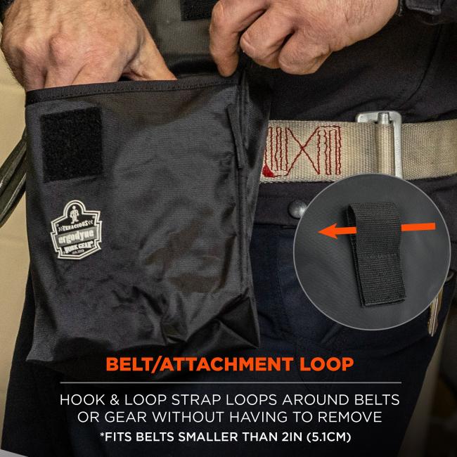Belt/attachment loop: hook and loop strap loops around belts or gear without having to remove. *Fits belts smaller than 2in(5.1cm)
