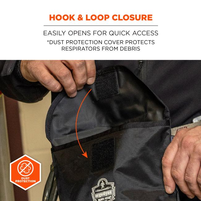 Hook & loop closure: easily opens for quick access. *dust protection cover protects respirators from debris.