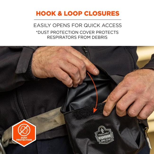 Hook & loop closures: easily opens for quick access. *dust protection cover protects respirators from debris.