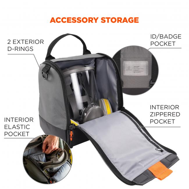 Accessory storage. 2 exterior D-rings, ID/Badge pocket, interior elastic pocket, interior zippered pocket