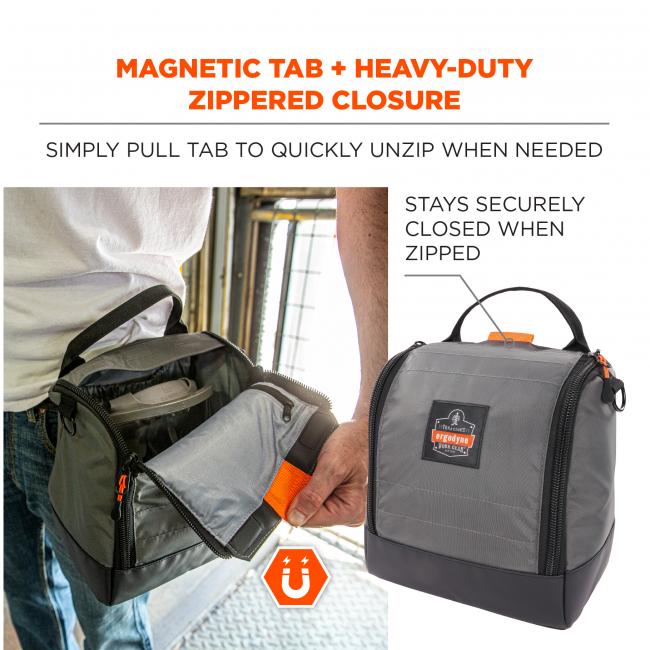 Magnetic tab and heavy-duty zippered closure. Simply pull tab to quickly unzip when needed. Stays securely losed when zipped