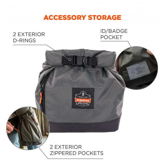 Accessory storage. 2 exterior D-rings, ID/Badge pocket, interior elastic pocket, interior zippered pocket