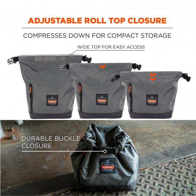 Adjustable roll top closure. Compresses down for compact storage. Wide top for easy access. Durable buckle closure
