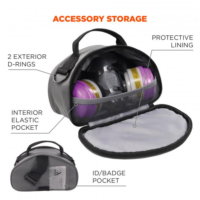 Accessory storage. 2 exterior D-rings, ID/Badge pocket, interior elastic pocket, protective lining