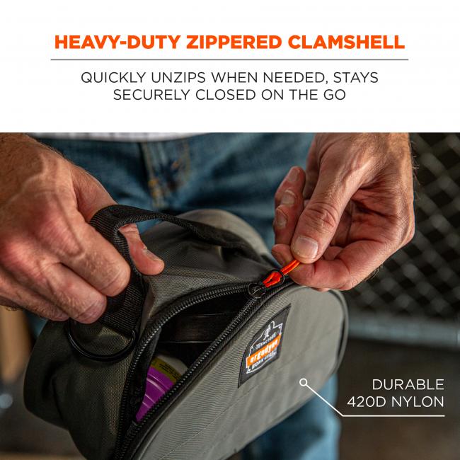Heavy duty zippered clamshell. quickly unzips when needed, stays securely closed on the go. Durable 420D nylon.