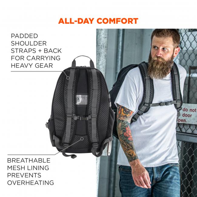 All-day comfort. Padded shoulder straps and back for carrying heavy gear. Breathable mesh lining prevents overheating