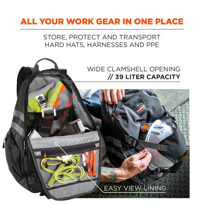 All you work gear in one place. Store, protect and transport hard hats, harnesses and ppe. Wide clamshell opening, 39 liter capacity. Easy view lining