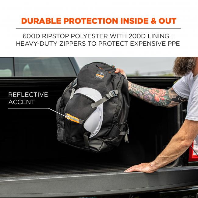 Durable protection inside and out. 600D ripstop polyester with 200D lining and heavy-duty zippers to protect expensive ppe. Reflective accent