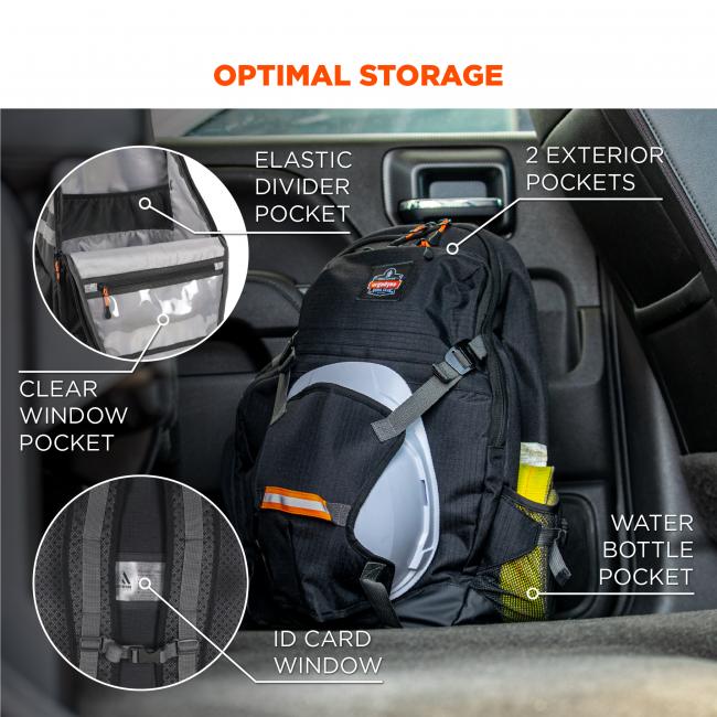Optimal storage. Elastic divider pocket, 2 exterior pockets, clear window pocket, ID card pocket, water bottle pocket
