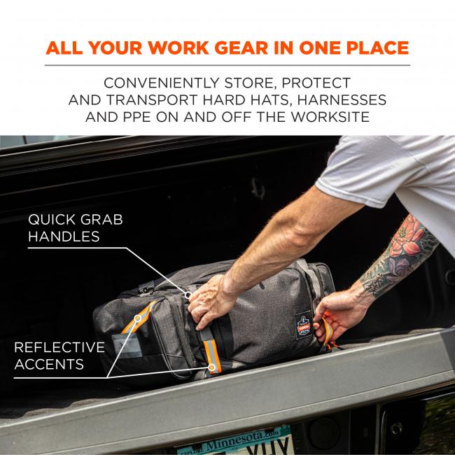 All your work gear in one place. Conveniently store, protect and transport hard hats, harnesses and ppe on and off the worksite. Quick grab handle and reflective accents