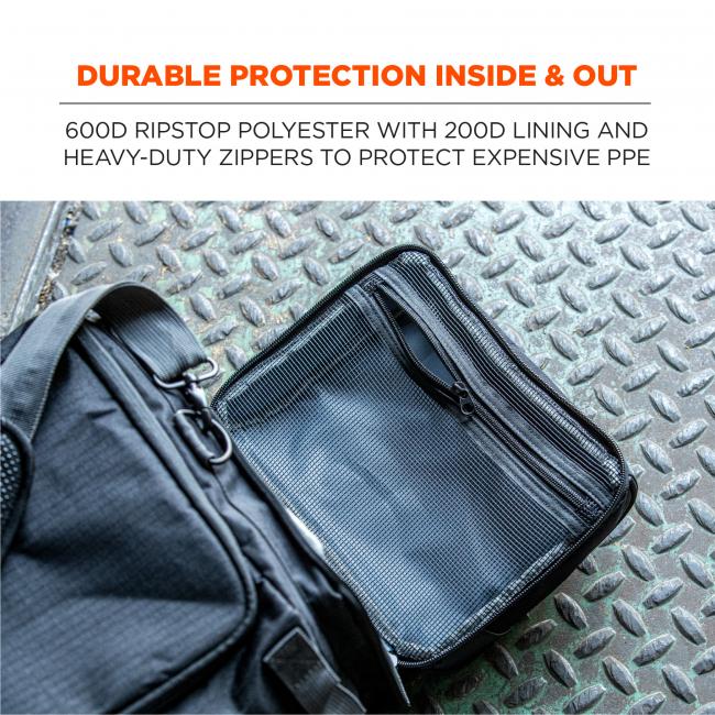 Durable protection inside and out. 600D ripstop polyester with 200D lining and heavy-duty zippers to protect expensive PPE