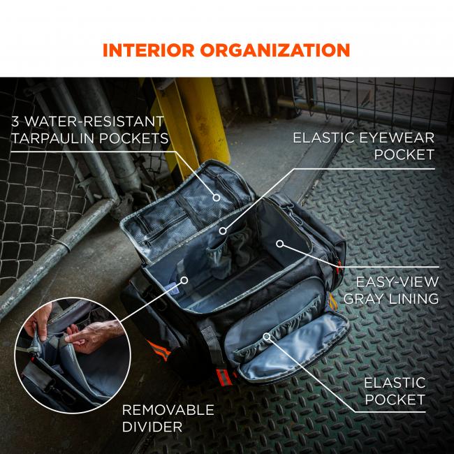 Interior organization. 3 water-resistant tarpaulin pockets, elastic eyewear pocket, easy-view gray lining, elastic pocket, removable divider.