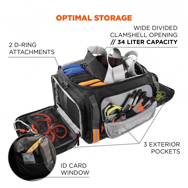 Optimal storage. 2 D-ring attachments, wide divided clamshell opening with 34 liter capacity. 3 exterior pockets, ID card window