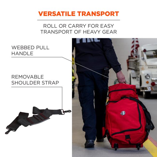 Versatile transport: roll or carry for easy transport of heavy gear. Webbed pull handle. Removable shoulder strap 