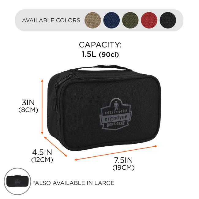 Available in khaki, navy, olive, red and black. Capacity: 2.2L or 135ci. Length is 4.5 inches or 12cm, width is 10 inches or 25cm, height is 3.5 inches or 9cm.