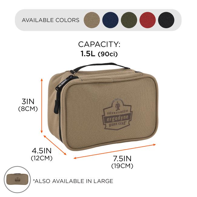 Available in khaki, navy, olive, red and black. Capacity: 1.5L or 90ci. Length is 4.5 inches or 12cm, width is 7.5 inches or 19cm, height is 3 inches or 8cm
