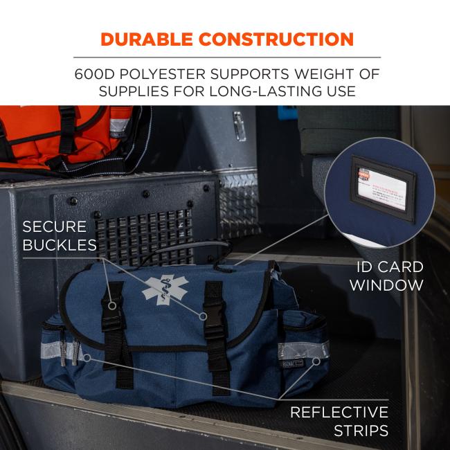 Durable construction: 600D polyester supports weight of supplies for long-lasting use. Secure buckles. ID card window. Reflective stripes.