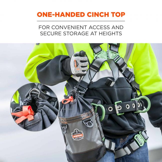 One-handed cinch top: for convenient access and secure storage at heights. 