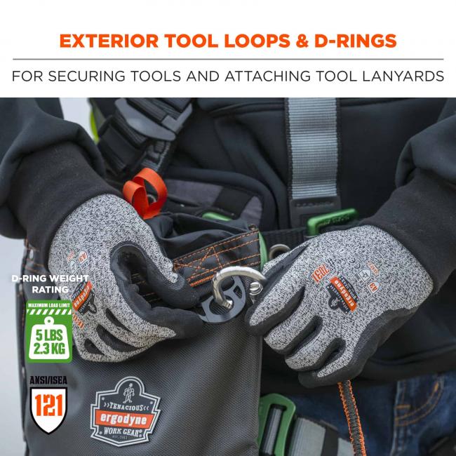 Exterior tool loops and d-rings: For securing tools and attaching tool lanyards. Icons on bottom say D-ring weight rating: 5lbs (2.3 kg). ANSI/ISEA 121.