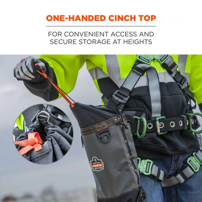 One-handed cinch top: for convenient access and secure storage at heights. 