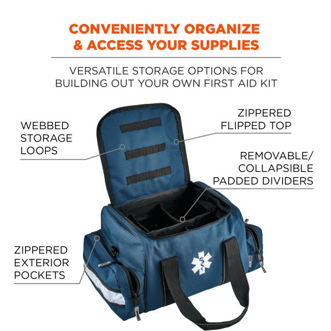 Conveniently organize & access your supplies: versatile storage options for building out your own first aid kit. Webbed storage loops. Removable/collapsible padded dividers. Zippered exterior pockets. Zippered flipped top.