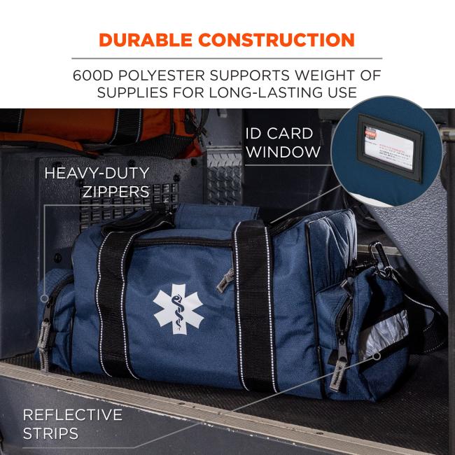 Durable construction: 600D polyester supports weight of supplies for long-lasting use. Heavy-duty zippers. ID card window. Reflective stripes.