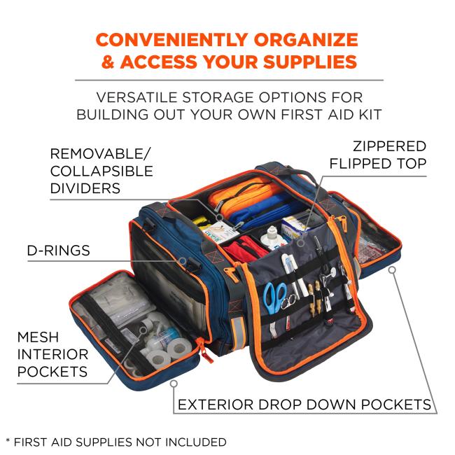 Conveniently organize & access your supplies: versatile storage options for building out your own first aid kit. Webbed storage loops. Removable/collapsible padded dividers. Mesh interior pockets. D-rings. Zippered flipped top. Exterior drop down pockets. *first aid supplies not included.