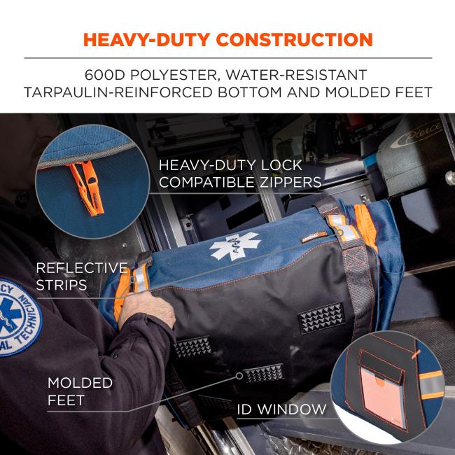 Heavy-duty construction: 600D polyester, water-resistant tarpaulin-reinforced bottom and molded feet. Heavy-duty lock compatible zippers. Reflective strips. Molded feet. ID window.